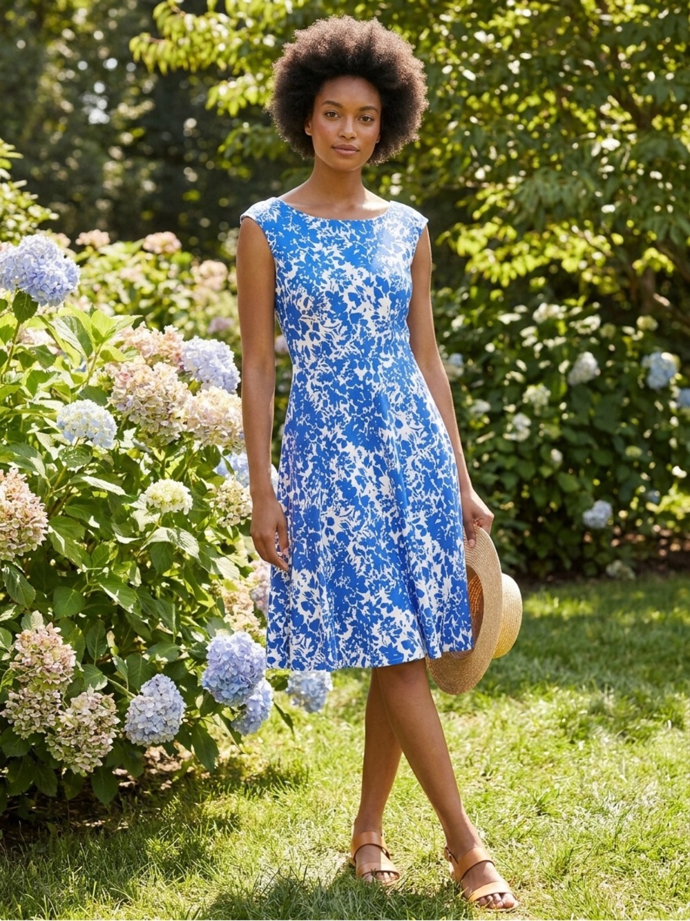 Talbots Blue and White Floral Midi Fit-and-Flare Dress